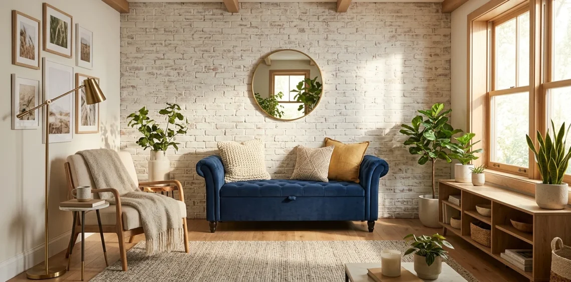 Navy blue velvet tufted storage bench in a bright modern small living room