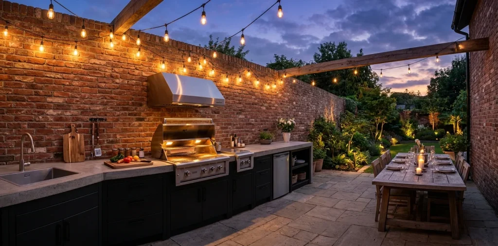 Wide view of a stunning industrial style backyard kitchen featuring exposed brick and stainless steel grill