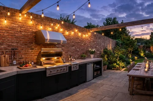 Wide view of a stunning industrial style backyard kitchen featuring exposed brick and stainless steel grill