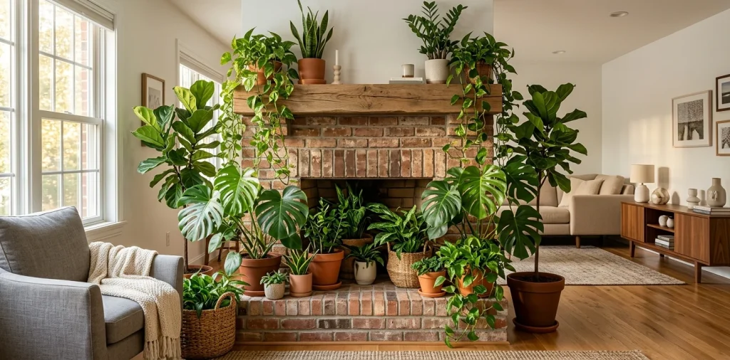 Lush indoor plants decorating a modern fireplace mantel and hearth in a cozy, sunlit living room.