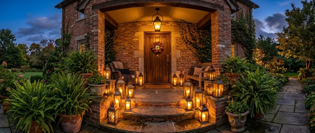 Vintage brass and iron lanterns lighting up brick front steps at twilight
