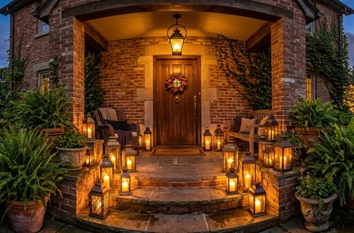 Vintage brass and iron lanterns lighting up brick front steps at twilight