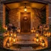 Vintage brass and iron lanterns lighting up brick front steps at twilight