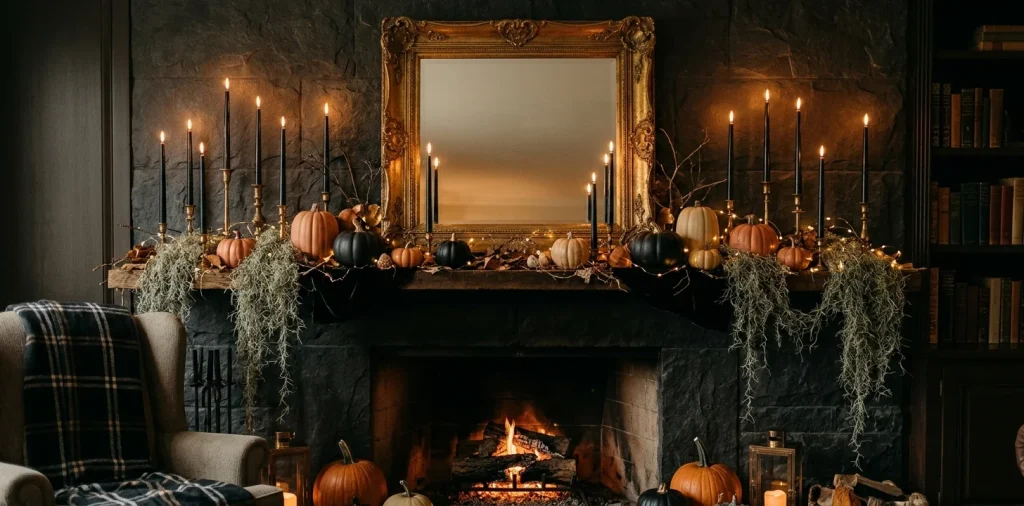Halloween mantel decor featuring perfectly layered heights, tall black candles, and a vintage gold mirror