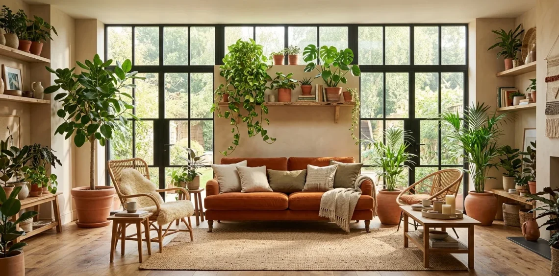 Cozy earthy living room decorated with vibrant houseplants, terracotta pots, and natural fiber furniture