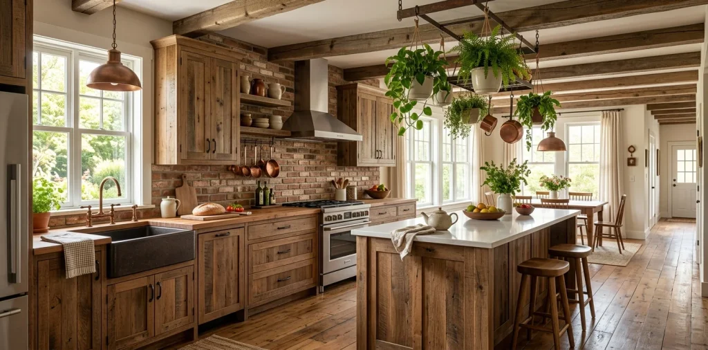 A gorgeous eco-friendly rustic kitchen featuring reclaimed wood cabinets and an antique brick backsplash.