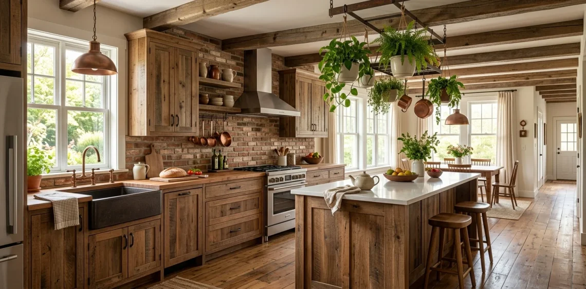 A gorgeous eco-friendly rustic kitchen featuring reclaimed wood cabinets and an antique brick backsplash.
