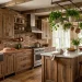 A gorgeous eco-friendly rustic kitchen featuring reclaimed wood cabinets and an antique brick backsplash.