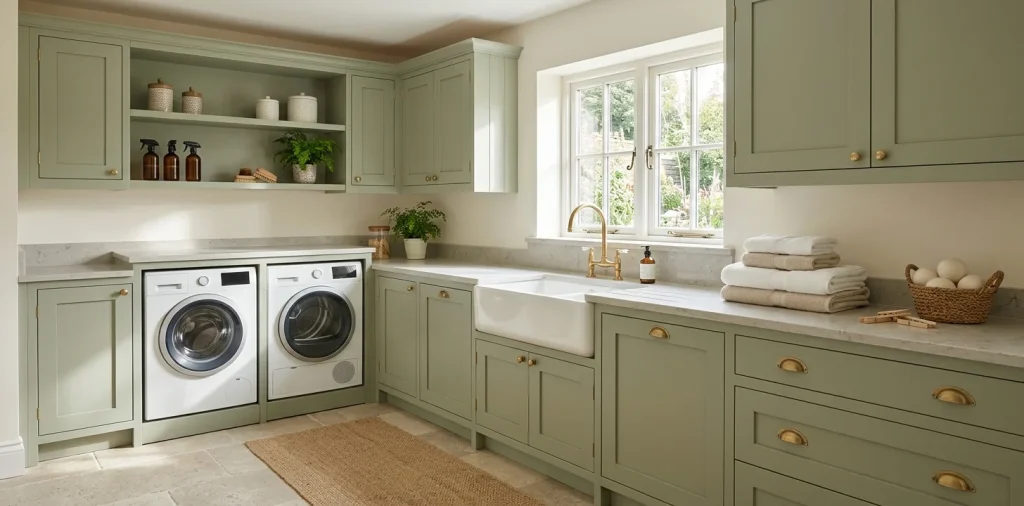 Beautifully organized laundry room featuring sage green solid wood cabinets and brass hardware