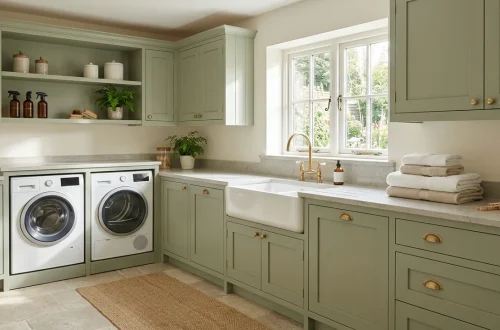 Beautifully organized laundry room featuring sage green solid wood cabinets and brass hardware