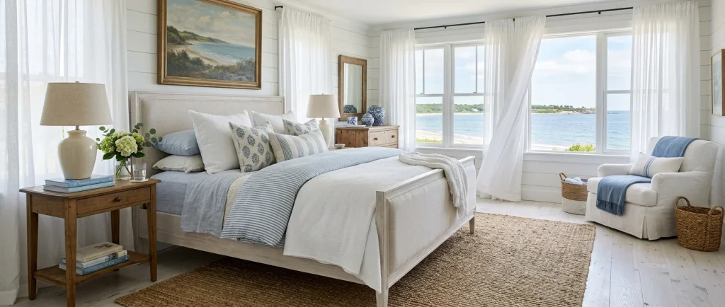Wide view of a coastal grandmother guest room featuring breezy white linens, woven rattan rug, and vintage wood nightstand.