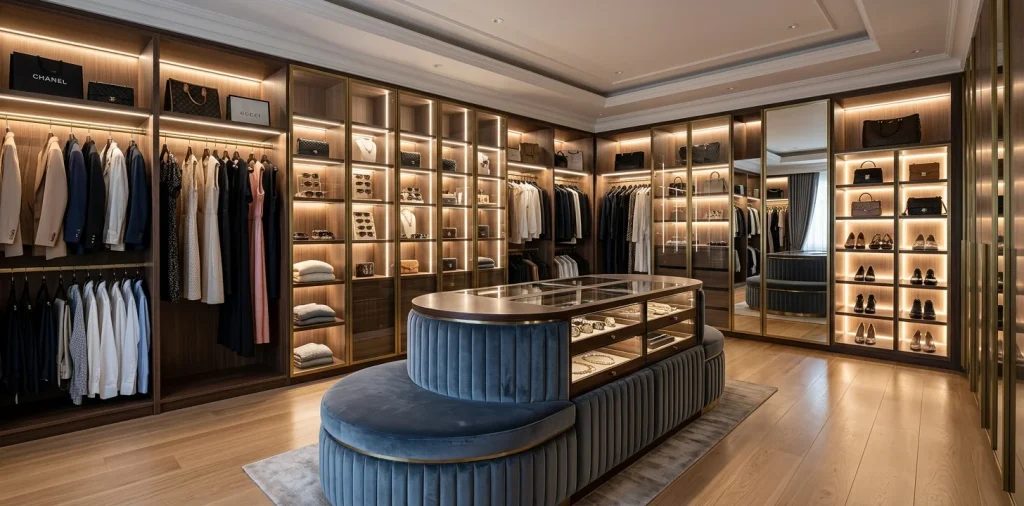 Luxurious modern dressing room closet with a center island and LED lighting