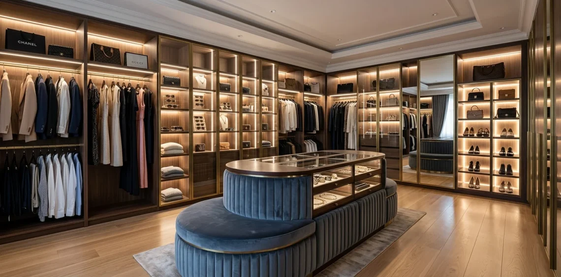 Luxurious modern dressing room closet with a center island and LED lighting