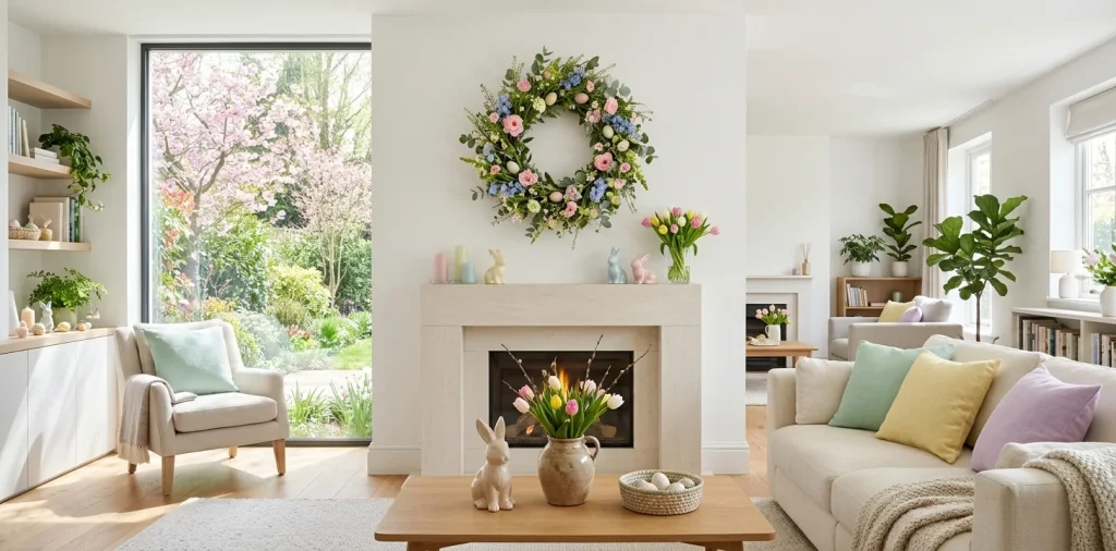 Beautifully decorated living room with an Easter wreath hanging flawlessly above a mantel.