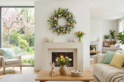 Beautifully decorated living room with an Easter wreath hanging flawlessly above a mantel.