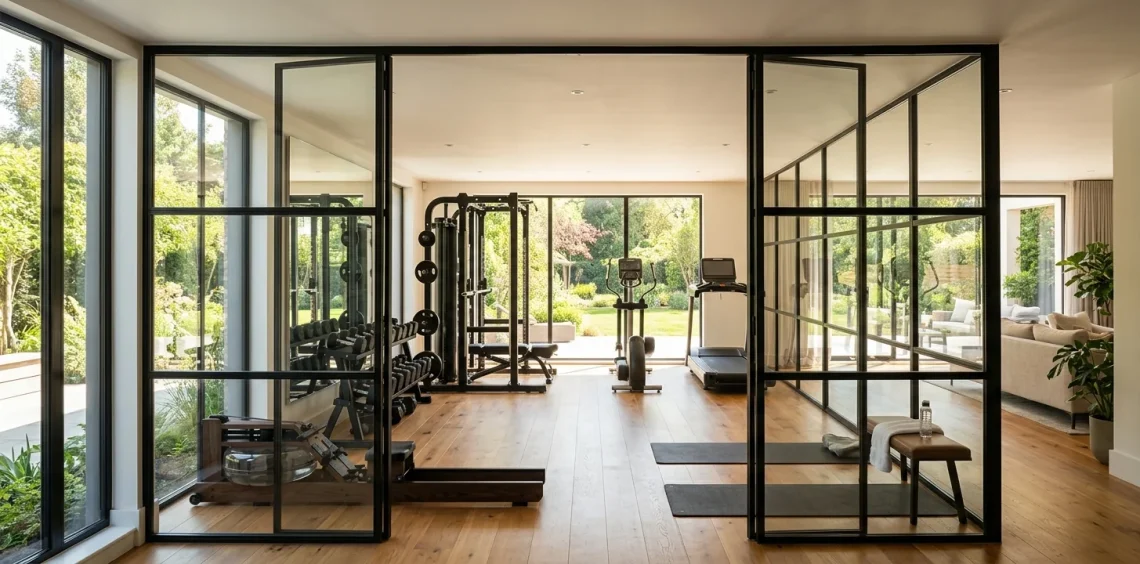 Bright home gym with black steel-framed glass partitions and modern workout equipment in natural sunlight.