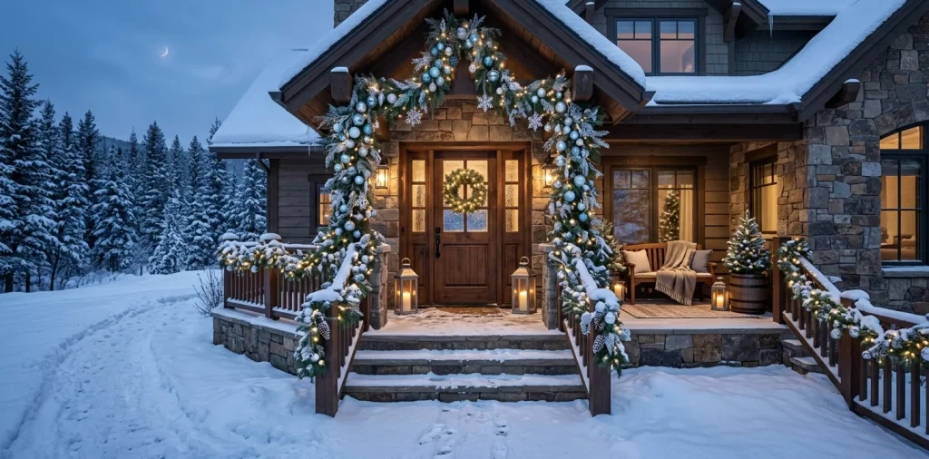Beautiful winter porch decorated with icy blue and silver garlands, ornaments, and cool-white lights