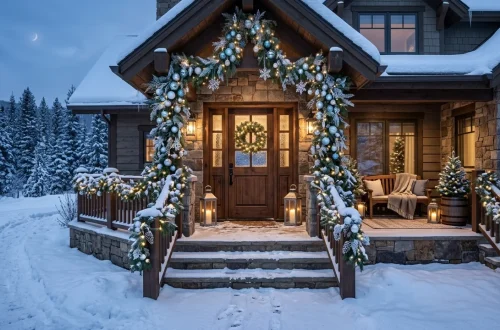 Beautiful winter porch decorated with icy blue and silver garlands, ornaments, and cool-white lights