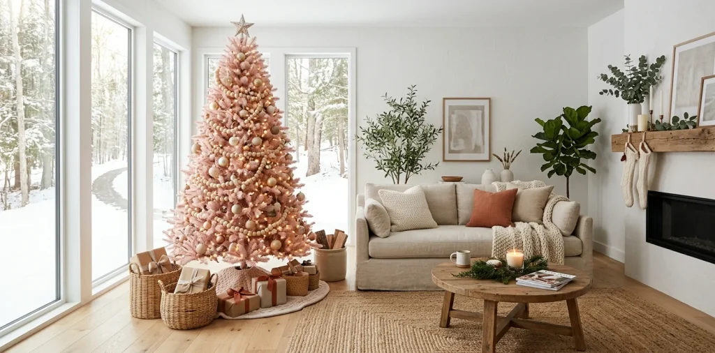 Soft blush pink Christmas tree decorated with natural wood bead garlands in a modern organic living room setting.