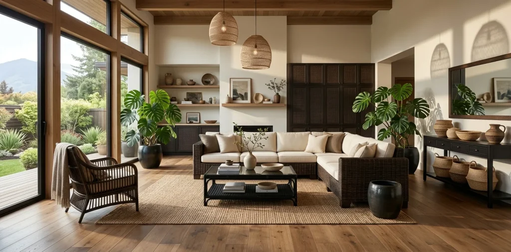Modern living room showcasing moody dark stained rattan furniture and elegant black wicker decor pieces.