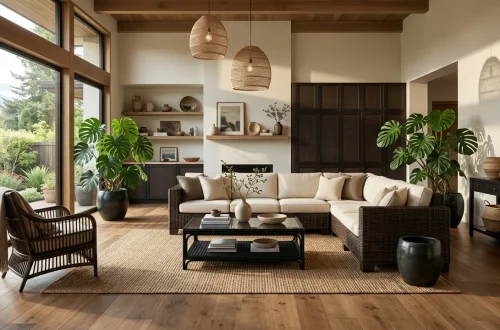 Modern living room showcasing moody dark stained rattan furniture and elegant black wicker decor pieces.