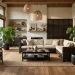 Modern living room showcasing moody dark stained rattan furniture and elegant black wicker decor pieces.