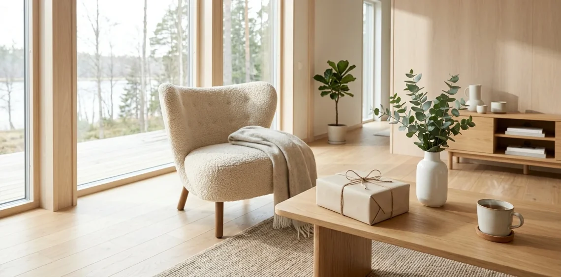 A beautifully wrapped Mother's Day gift sitting on a minimalist coffee table in a bright Scandinavian living room.