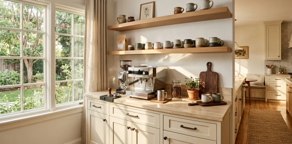 Elegant cream and beige home coffee bar with an espresso machine and travertine countertops
