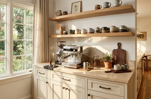 Elegant cream and beige home coffee bar with an espresso machine and travertine countertops