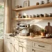 Elegant cream and beige home coffee bar with an espresso machine and travertine countertops