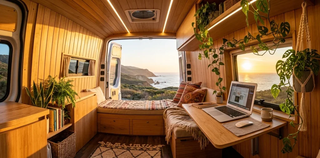 Beautiful van interior converted into a modern mobile office with wood paneling and fold down desk