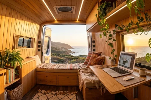 Beautiful van interior converted into a modern mobile office with wood paneling and fold down desk