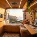 Beautiful van interior converted into a modern mobile office with wood paneling and fold down desk