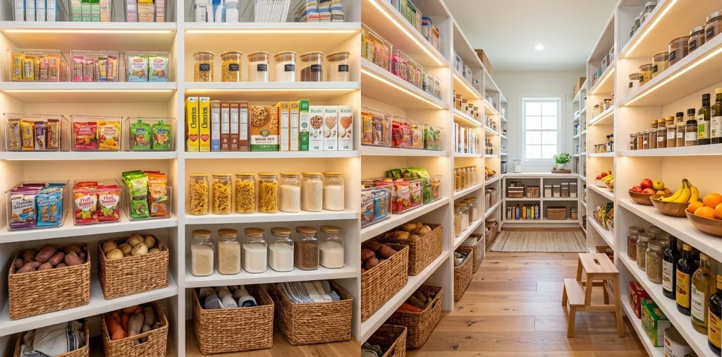 Beautifully organized family pantry cabinet with clear acrylic snack bins, woven baskets, and wooden shelves.