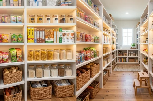 Beautifully organized family pantry cabinet with clear acrylic snack bins, woven baskets, and wooden shelves.