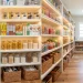 Beautifully organized family pantry cabinet with clear acrylic snack bins, woven baskets, and wooden shelves.