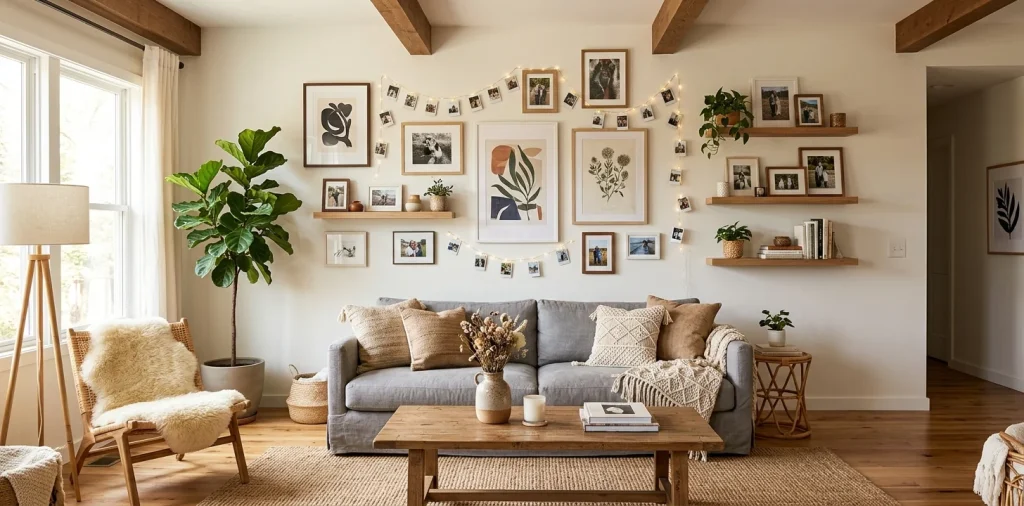 Modern boho living room displaying creative DIY photo arrangements and frames on a stylish sunlit accent wall.