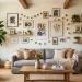 Modern boho living room displaying creative DIY photo arrangements and frames on a stylish sunlit accent wall.