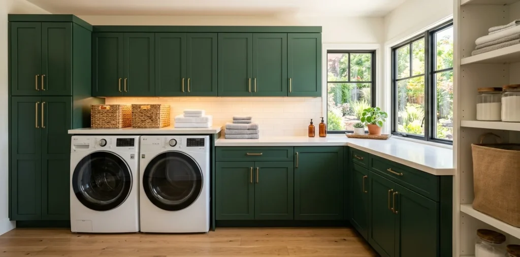 Stunning small modern laundry room renovation featuring a stacked washer, green cabinets, and warm ambient lighting.