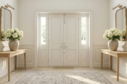 Sophisticated formal summer entryway with symmetrical oak console tables and white hydrangeas