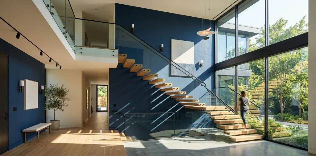 Stunning modern home interior with a freshly painted navy blue double-height staircase wall and wooden stairs.