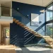 Stunning modern home interior with a freshly painted navy blue double-height staircase wall and wooden stairs.