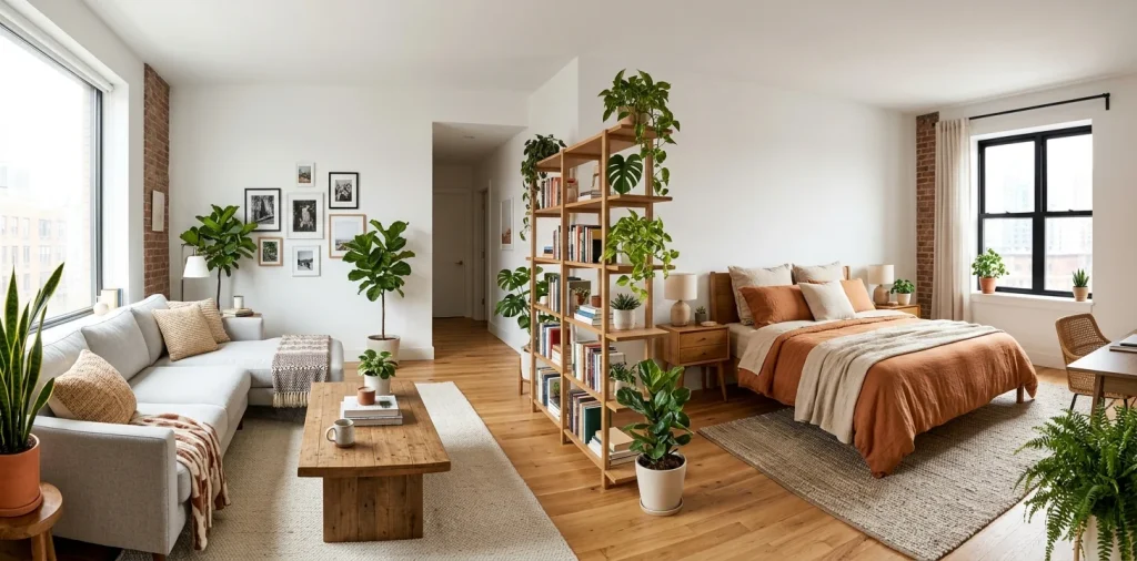 A beautifully styled small studio apartment featuring a wooden bookshelf divider and cozy living area.