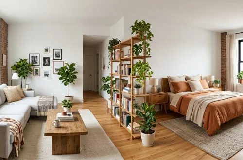A beautifully styled small studio apartment featuring a wooden bookshelf divider and cozy living area.