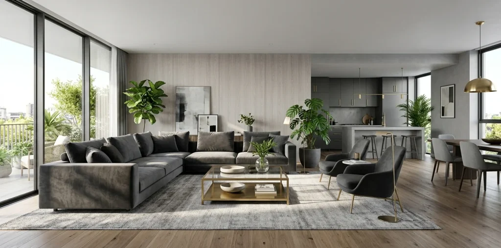 A modern living room showcasing sophisticated grey tones with brass accents and warm lighting.