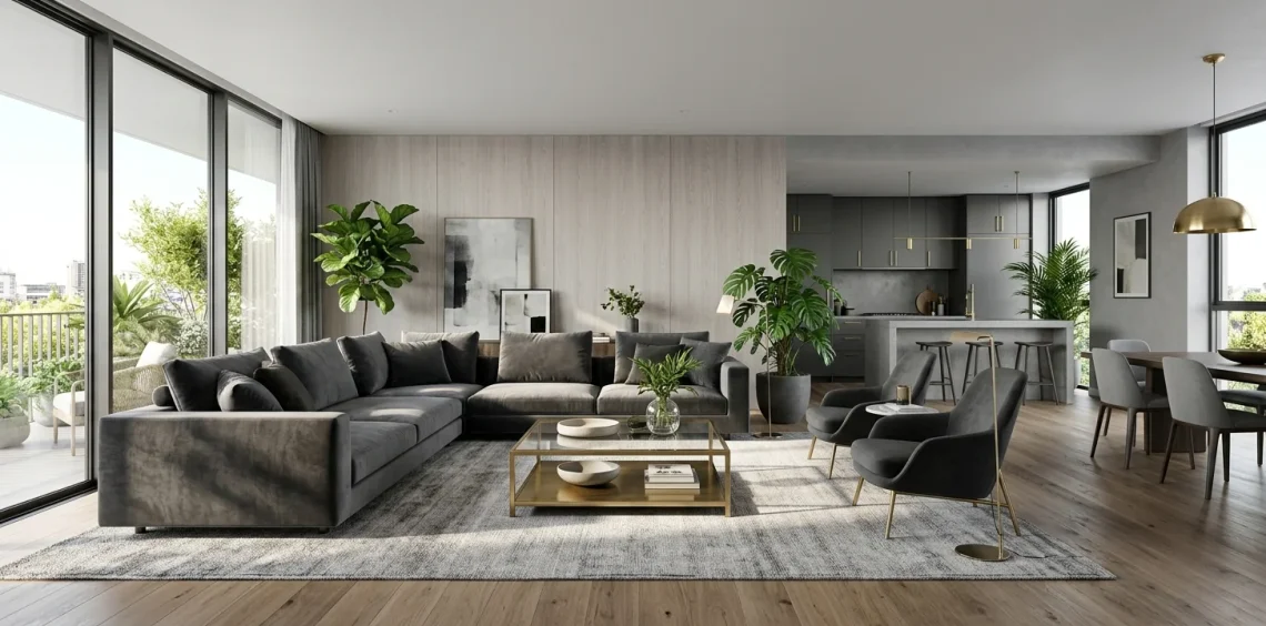A modern living room showcasing sophisticated grey tones with brass accents and warm lighting.