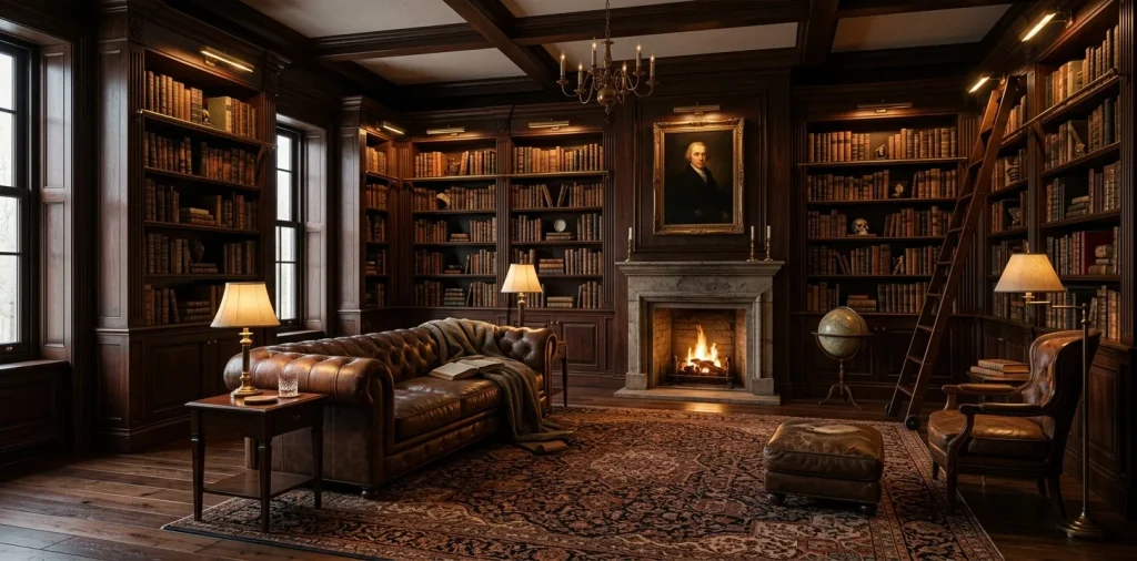 Luxurious grand home library with floor-to-ceiling dark mahogany shelves, vintage books, and a leather chesterfield sofa