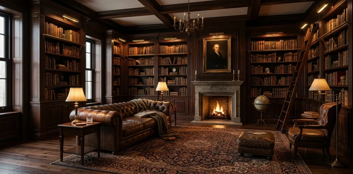 Luxurious grand home library with floor-to-ceiling dark mahogany shelves, vintage books, and a leather chesterfield sofa