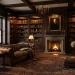 Luxurious grand home library with floor-to-ceiling dark mahogany shelves, vintage books, and a leather chesterfield sofa