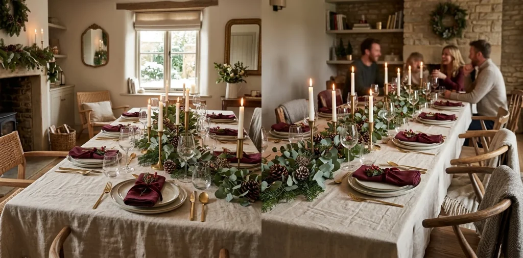 Beautifully styled holiday dining table featuring oatmeal linen tablecloth, burgundy napkins, and festive centerpieces